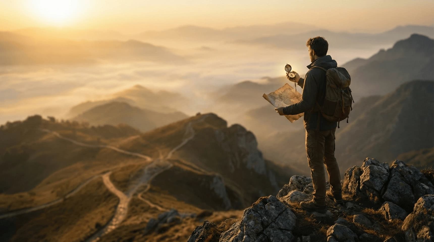 Explorador con mapa y brujula en la cima de una montana